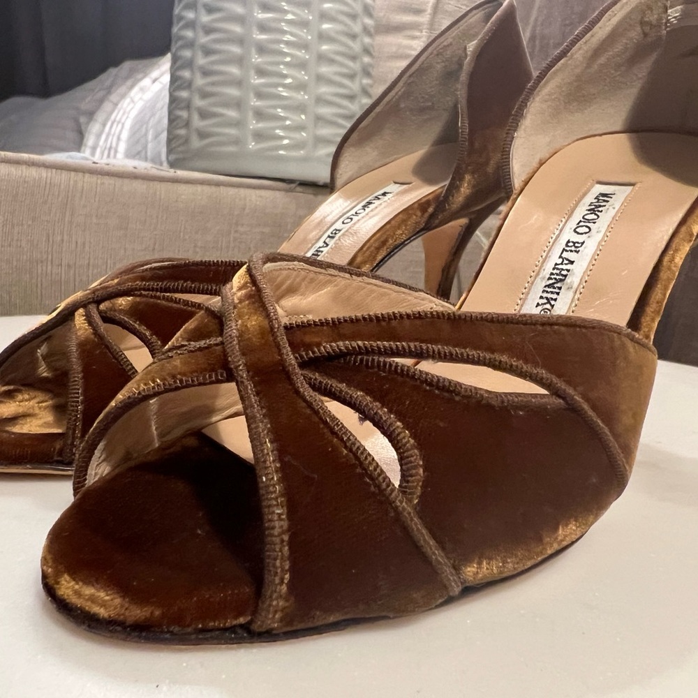 Manolo Blahnik Brown Velvet Open Toed D’Orsay Heels